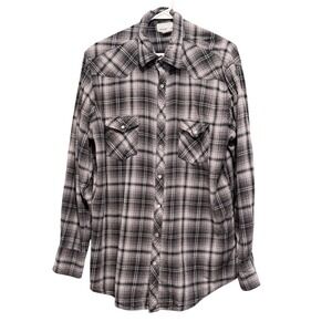 Wrangler Wrancher Mens Tall XL Pearl Snap Western Plaid Flannel Shirt Black Grey